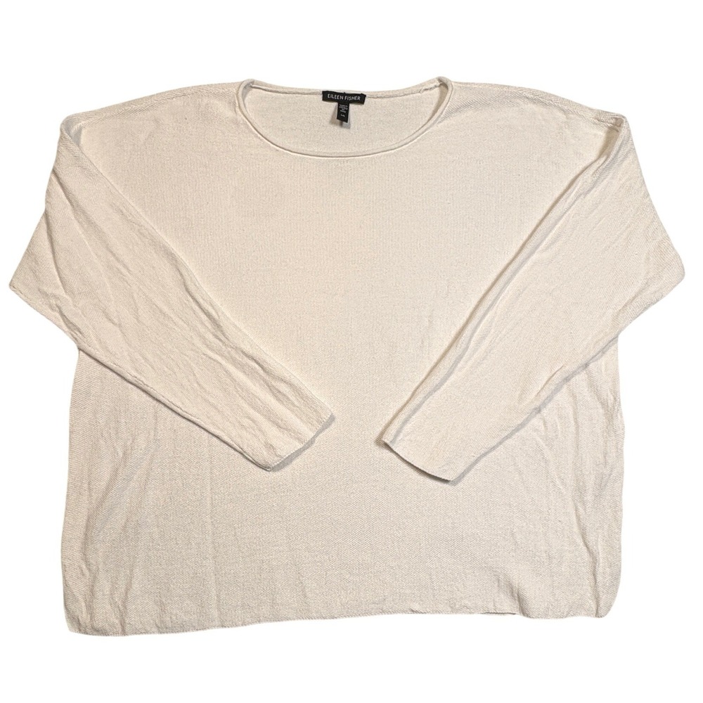 Eileen Fisher Organic Linen Cotton Boxy Knit Sweater White Large